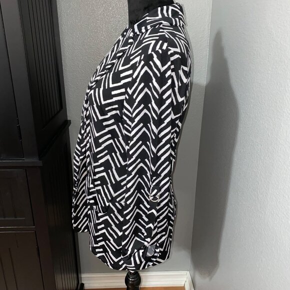 Notations Blazer Womens Medium Black White Office Open Front Monochrome Artsy - Picture 10 of 10